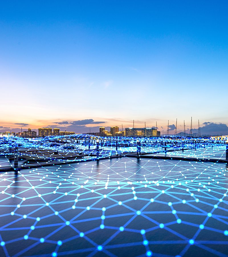 Xiamen blue tone skyline synthesized by particle lines